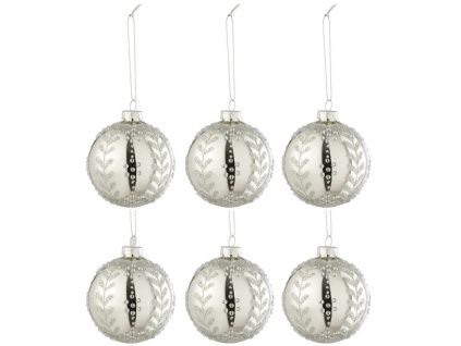 Set šesti stříbrných skleněných vánočních ozdob J-Line Kim 8,5 cm