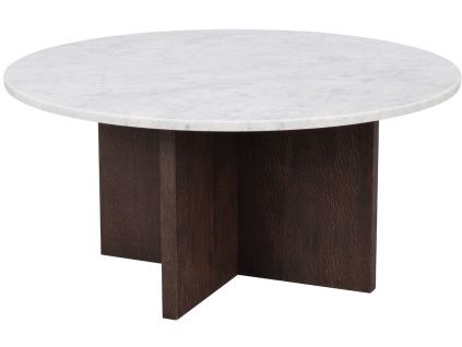 Bílý mramorový konferenční stolek ROWICO BROOKSVILLE 90 cm s hnědou podnoží
