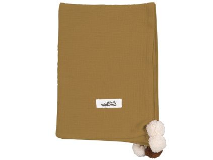 Hořčicově žlutá mušelínová zavinovací plenka Pompon 100 x 140 cm