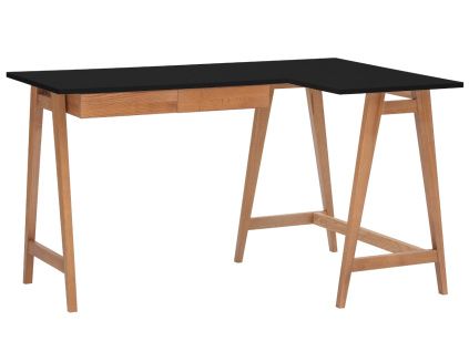 Černý lakovaný rohový pracovní stůl RAGABA LUKA 135 x 85 cm s dubovou podnoží, pravý