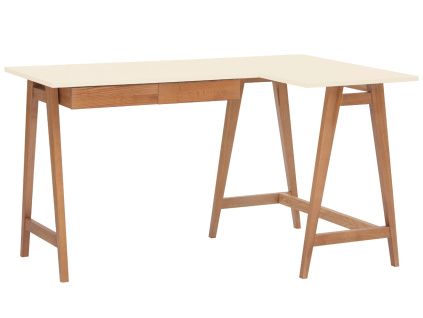 Krémově bílý lakovaný rohový pracovní stůl RAGABA LUKA 135 x 85 cm s dubovou podnoží, pravý