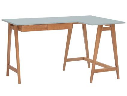 Světle šedý lakovaný rohový pracovní stůl RAGABA LUKA 135 x 85 cm s dubovou podnoží, pravý