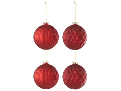 Set čtyř červených skleněných vánočních ozdob J-line Alexa 10 cm