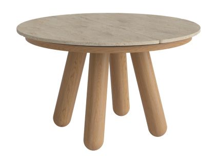 Béžový kamenný rozkládací jídelní stůl Balance 125/225 cm s dubovou podnoží