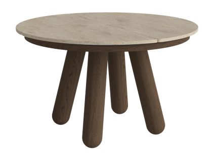 Béžový kamenný rozkládací jídelní stůl Balance 125/225 cm s tmavou dubovou podnoží