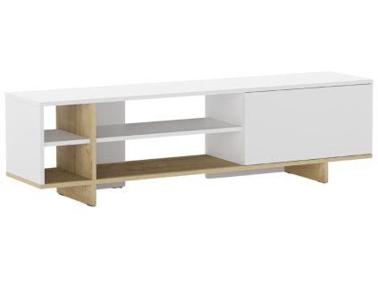 Bílý lakovaný TV stolek Cequoia 160 x 35,5 cm s dubovým dekorem