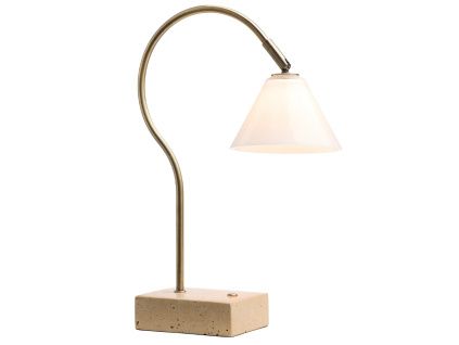 Mosazná nabíjecí stolní LED lampa Halo Design Question 31 cm s travertinovou podstavou