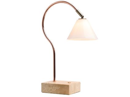 Měděná nabíjecí stolní LED lampa Halo Design Question 31 cm s travertinovou podstavou