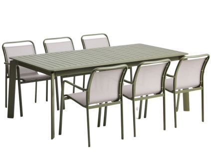 Zelený zahradní set stolu kave home Brela a šesti židlí Luri